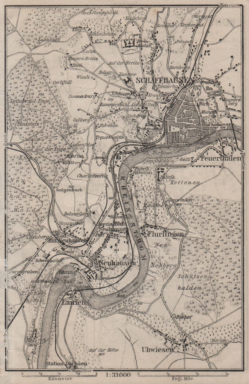 SCHAFFHAUSEN environs. Flurlingen Feuerthalen Neuhausen. Schweiz 1905 old map